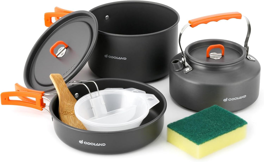 10pcs Camping Cookware Camping Pots and Pans Set with Kettle Plastic Bowls and Soup Spoon for Camping, Backpacking