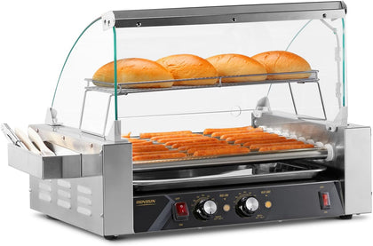 24 Hot Dog 9 Roller 1350W, Hot Dog Roller Grill Cooker Machine w/LED Lighting, Dual Temp Control, Cover, Removable