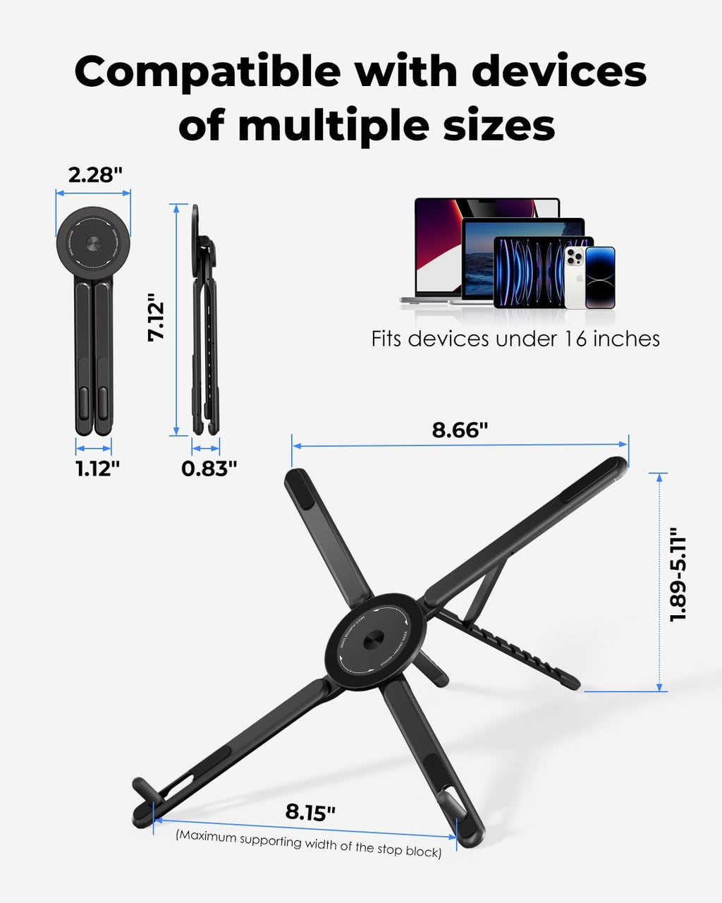 Portable Laptop Stand for Desk, Foldable Adjustable Computer Riser with Magnetic Phone Holder, Aluminum Laptop Stand