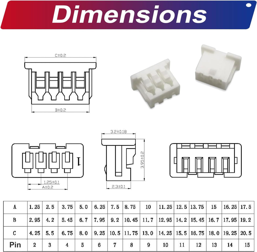 Compatible with Dupont 2.54mm Wire Cable Connectors to MX1.25 Assortment Kit, 2P 3P 4P 5P 6P 7P 8P 9P 10P Housing with 160mm 28AWG Pre-Crimped Cable (TC-DP-MX1.25)