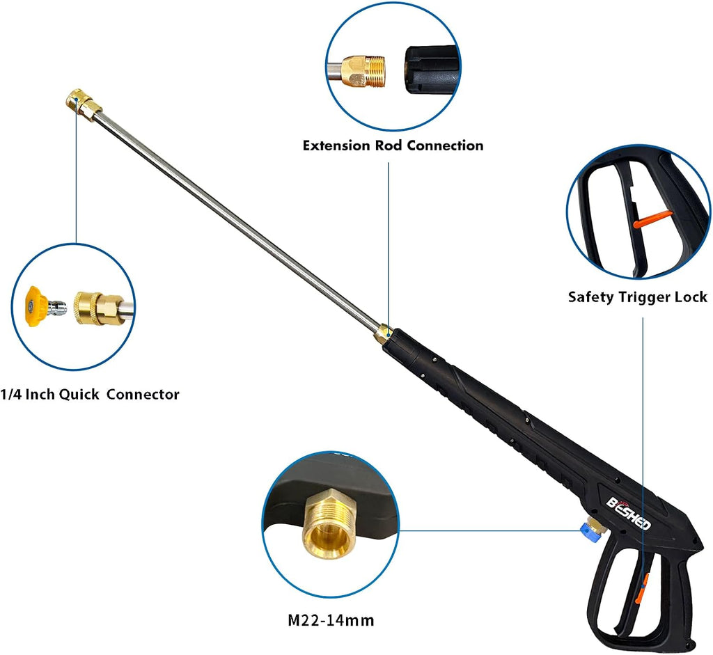Durable Pressure Washer Gun Kit, Power Washer Gun with Replacement Extension Wand, M22 Fitting, 5 Spray Nozzle Tips, 37 Inch, 3000 PSI