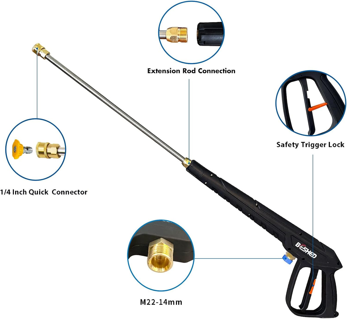 Durable Pressure Washer Gun Kit, Power Washer Gun with Replacement Extension Wand, M22 Fitting, 5 Spray Nozzle Tips, 37 Inch, 3000 PSI