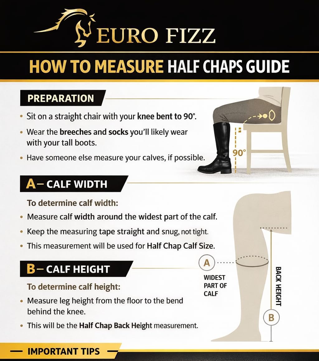 Equestrian Riding Unisex Half Chaps Amara Adult | Synthetic Leather Zip-Up Pair | Accurate Size Chart in Images.