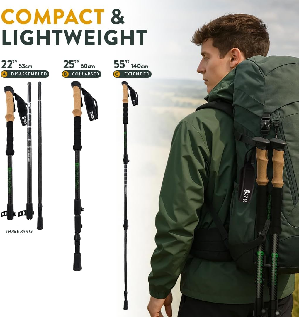 100% Carbon Fiber Trekking Poles by USA Brand - Ultra Strong Lightweight Collapsible Hiking Poles with Cork and EVA