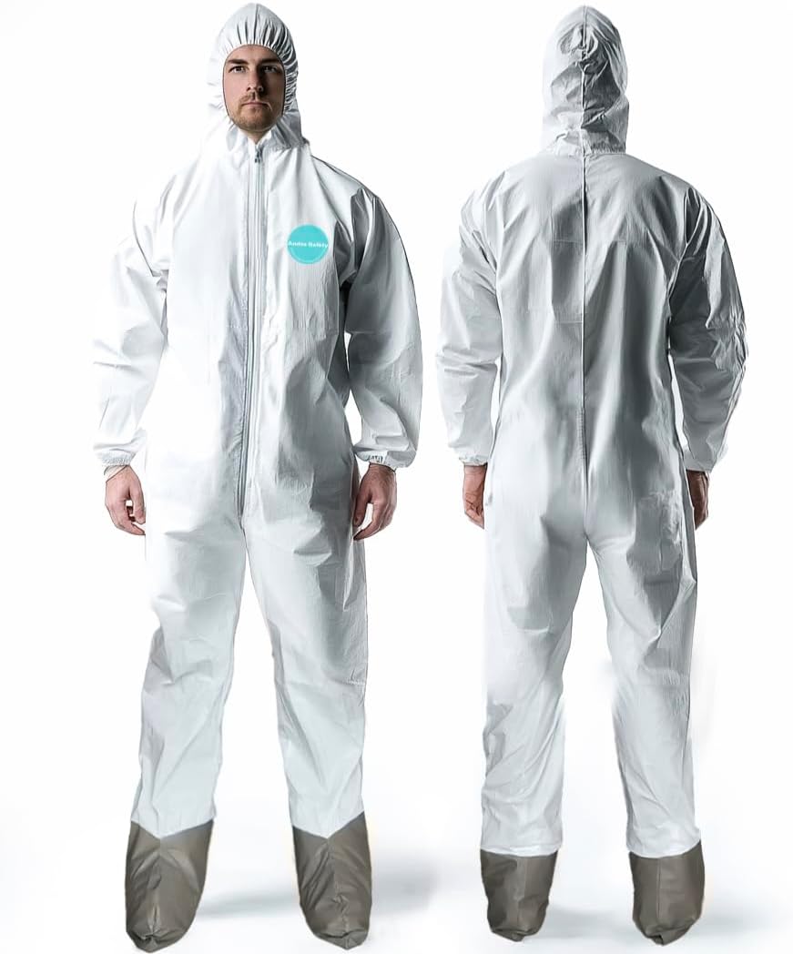 Andes Hazmat Suits, Protective Coveralls with Attached Boots, Heavy Duty Full Body Disposable Painters Suits, Lab
