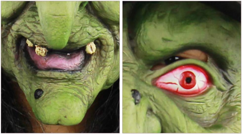 Halloween Scary Green Old Woman Hag Witch Mask with Hair Hat | Horrific Old Witch Evil Mask Horror Face Zombie Dress