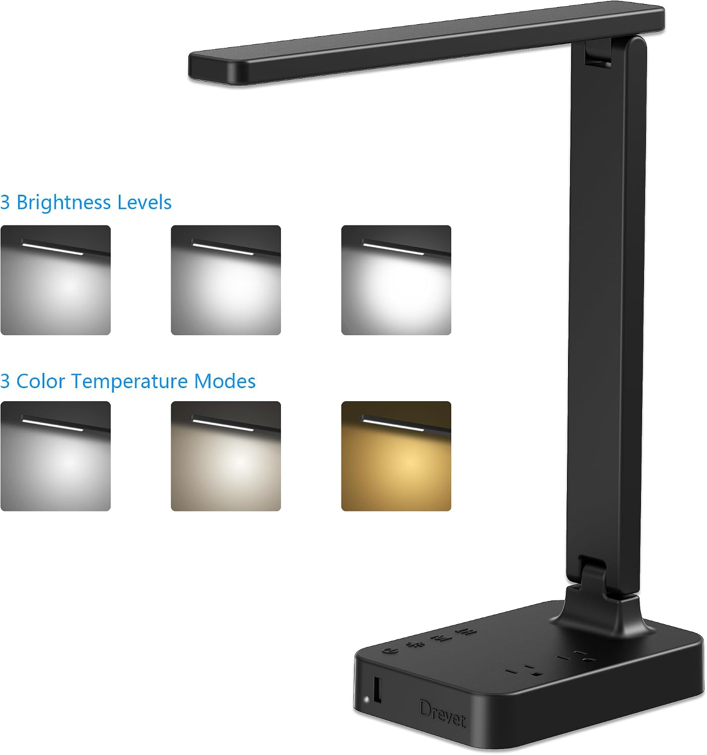 LED Desk Lamp for College Dorm Room, Desk Light with 1 USB Charging Port 2 AC Power Outlet, 3 Lighting Modes, 3 Level