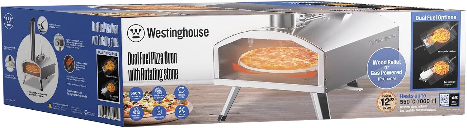 12-Inch Dual-Fuel Pizza Oven - Wood Pellet & Propane, 1000°F High-Heat, Rotating Stone, Portable Outdoor Design