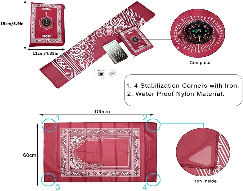 4 Pieces Portable Travel Prayer Mat with Compass, Waterproof Polyester Prayer Rug, Muslim Travel Prayer Mat, for