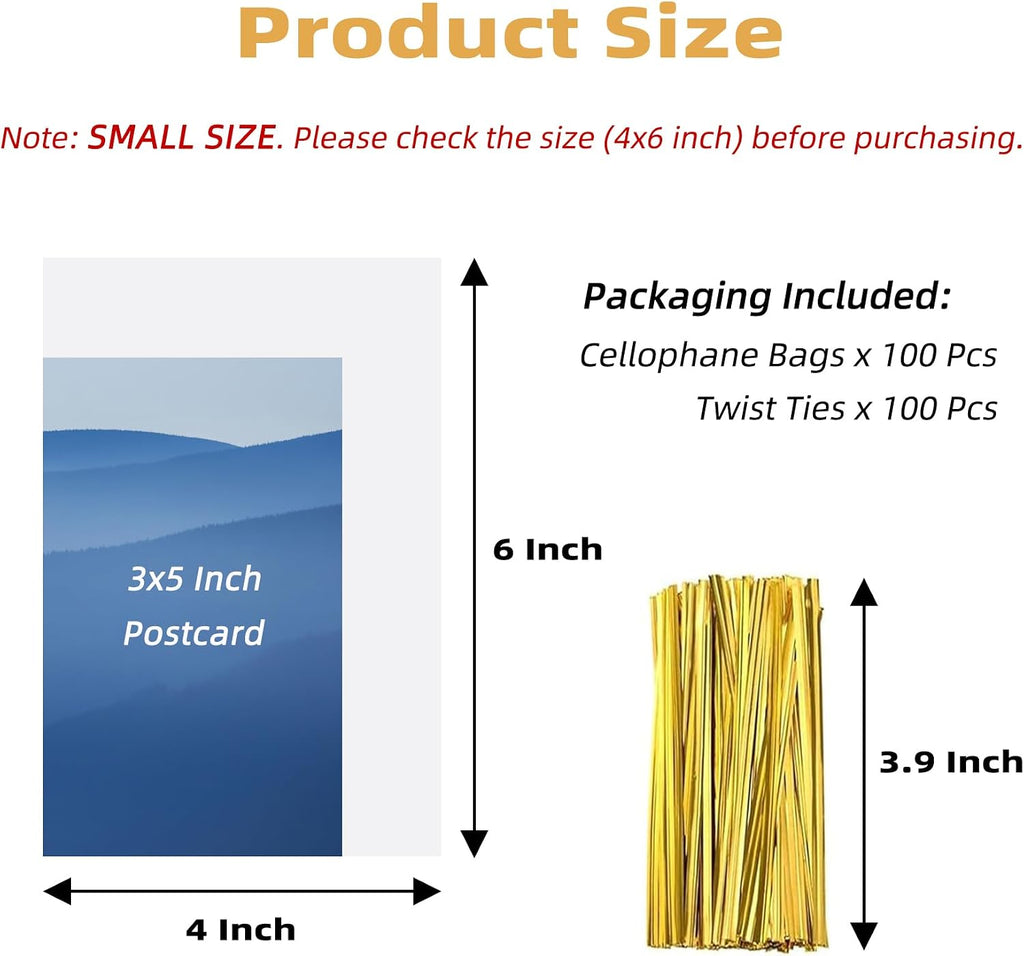 Cellophane Treat Bags, 4x6 In Cellophane Bags With Ties, 100 Pcs