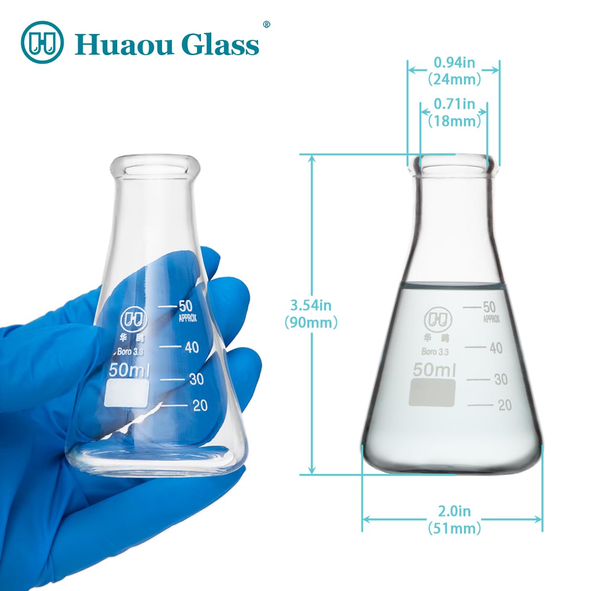 50ml Glass Erlenmeyer Flask Set, Narrow Mouth Graduated Flasks, 3.3 Borosilicate Glass, Ideal for Laboratory