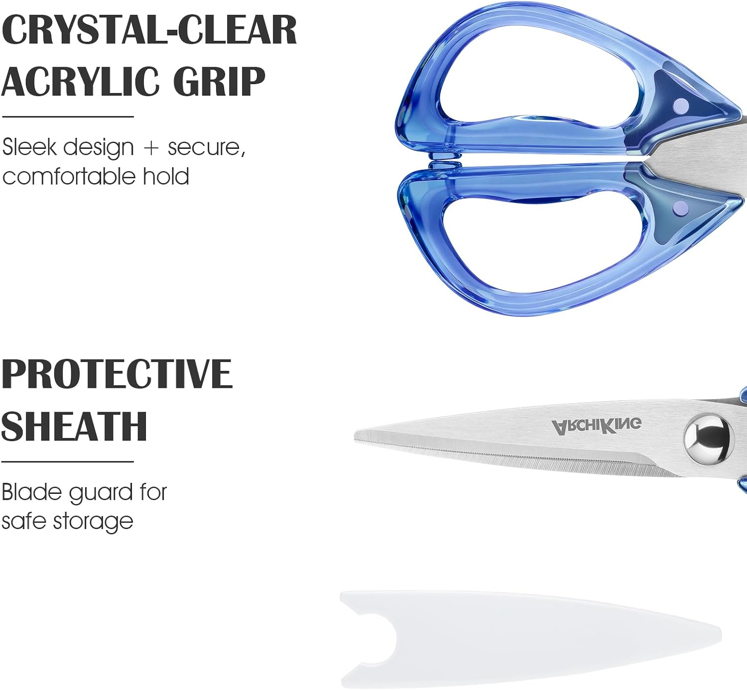 8.0inch Kitchen Shears, Sharp Stainless Steel Meat & Poultry Scissors, Transparent Blue Acrylic Handle, All Purpose