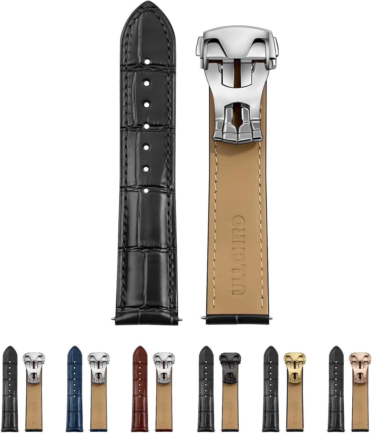 Genuine Leather Watch Strap Deployment Clasp, 22mm Leather Watch Band for Men Women, Soft Ultrathin Classic