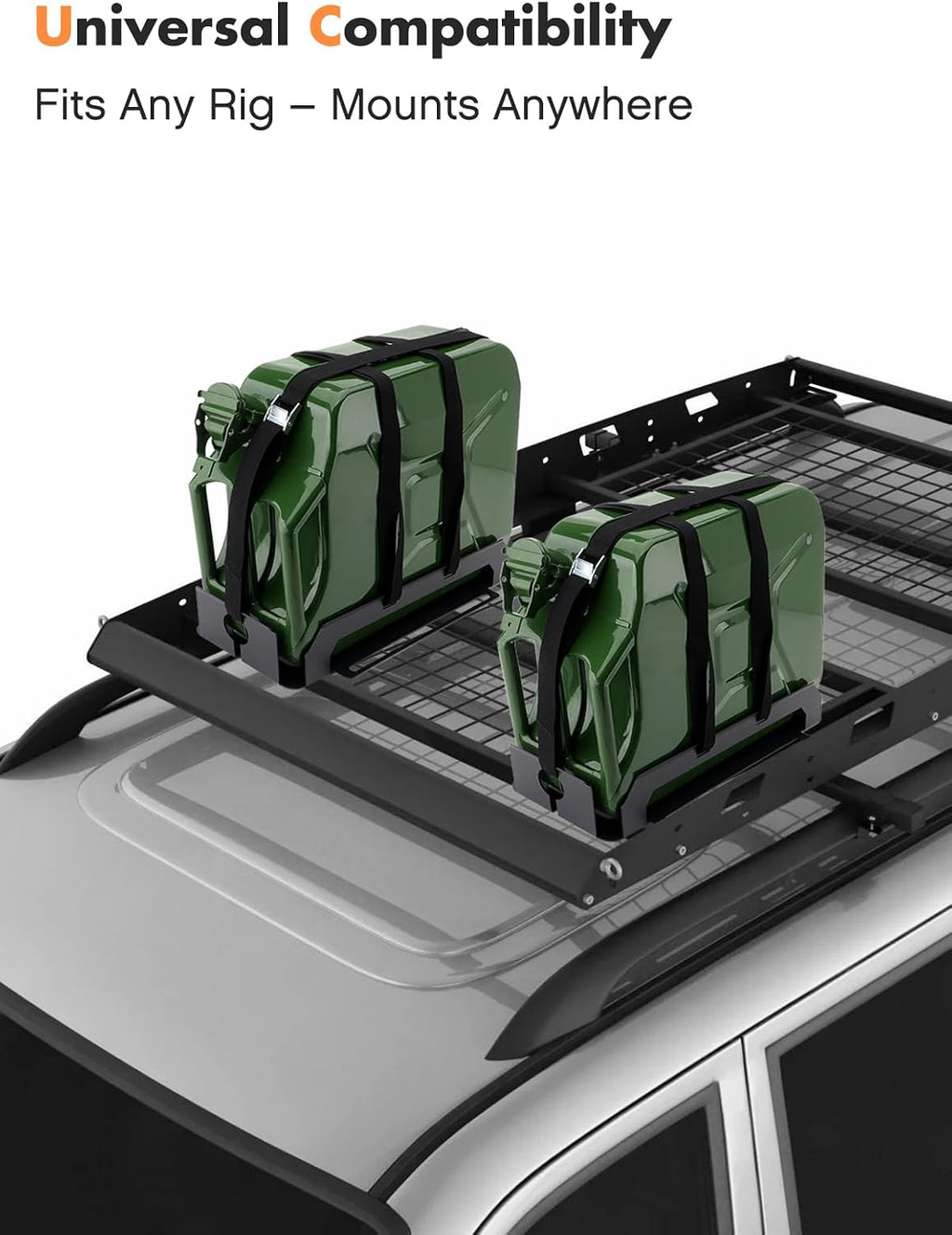 Heavy-Duty Jerry Can Holder for Roof Rack with Webbed Strap | 5 Gallon Gas Can Carrier Mount, Universal Single Jerry