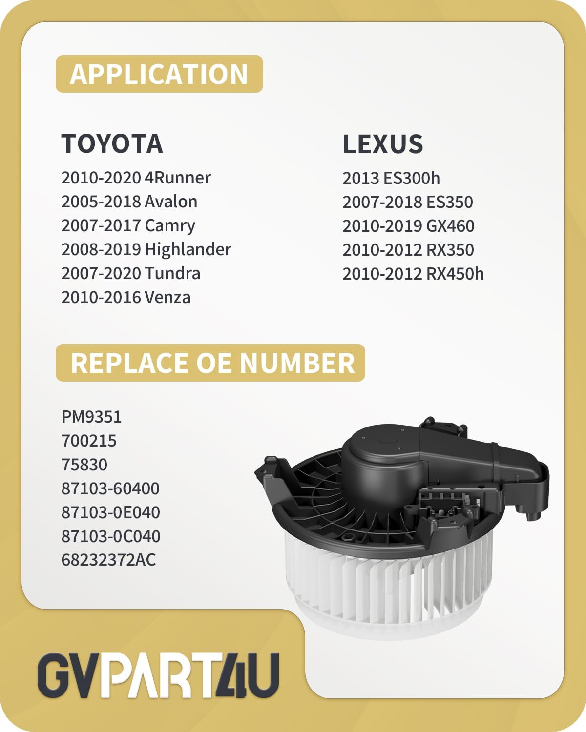 Front Blower Motor for 2007-2020 Toyota Camry 4Runner Highlander