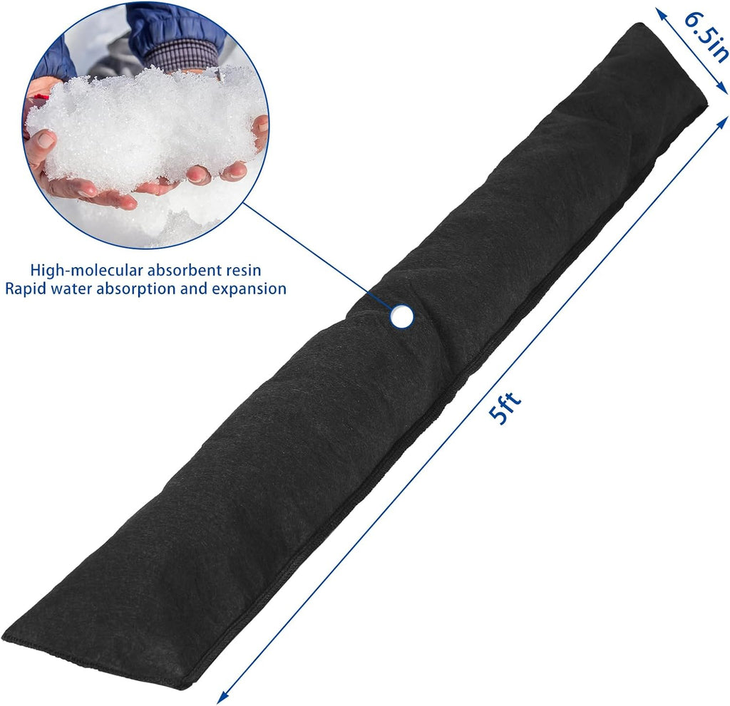 5 Pcs Water Barrier 5ftx6.5inch Absorbent Flood Barrier Home, Black | Sandless Sand Bags for Flooding， Reusable Water