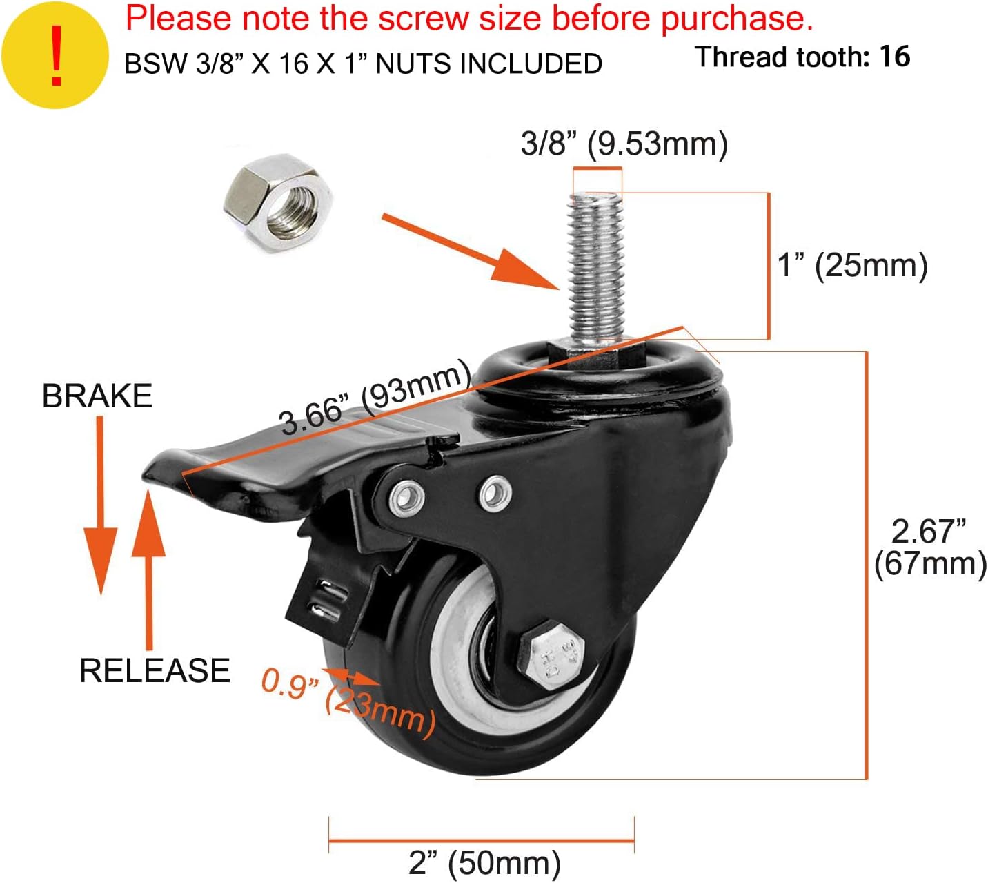 2" Stem Caster Wheels with Safety Dual Locking 600Lbs Heavy Duty Threaded Stem Casters No Noise Swivel Castors with