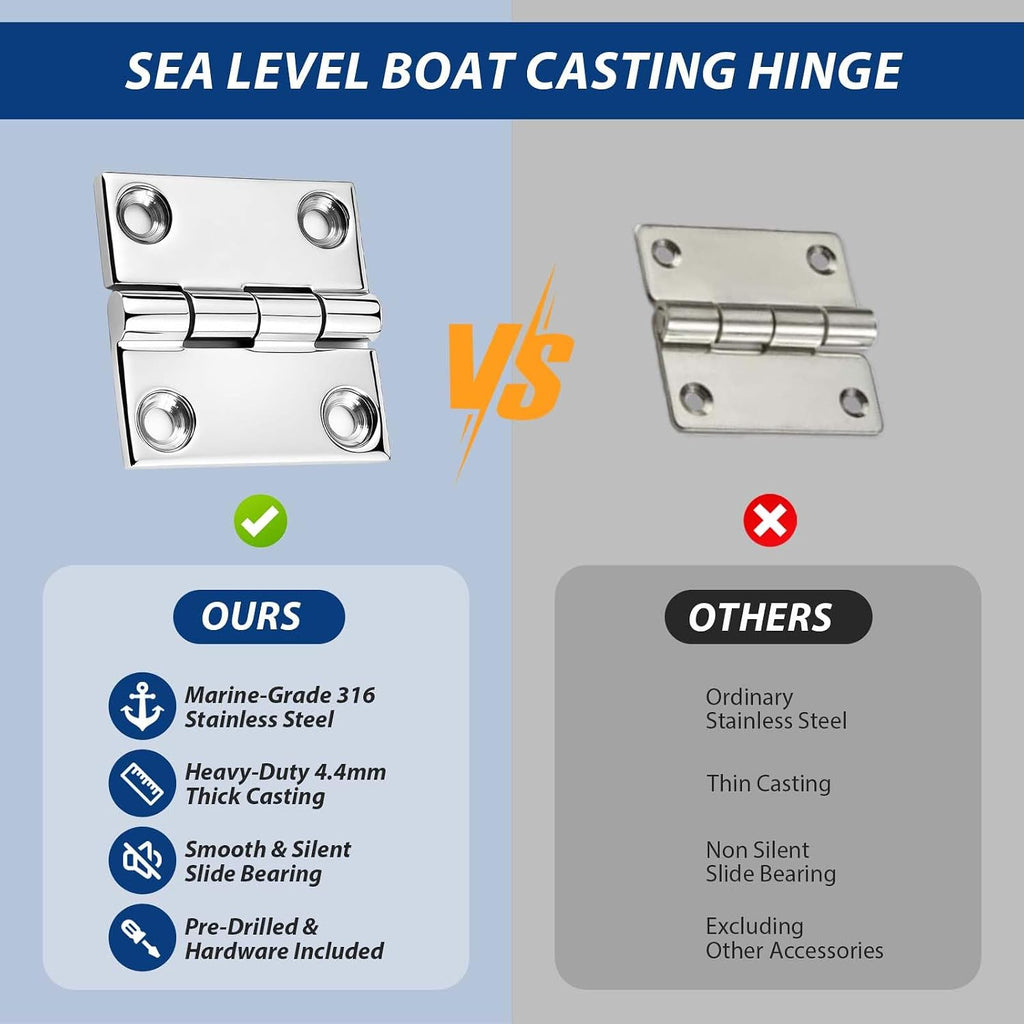 316 Stainless Steel Boat Hinges, Square Hinge 2 x 2 in, 2 Pack