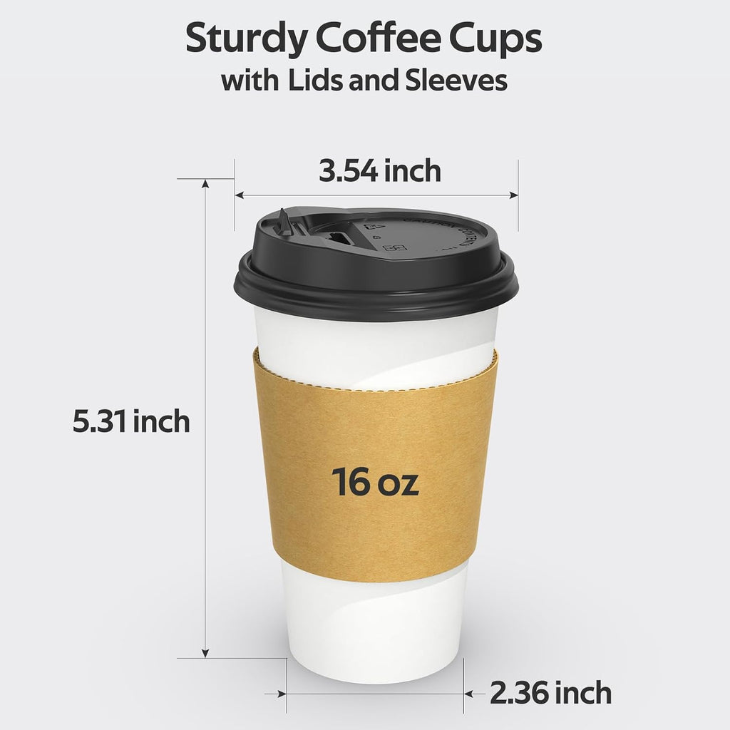 100 Pack 16 oz Disposable Coffee Cups with Lids and Sleeves