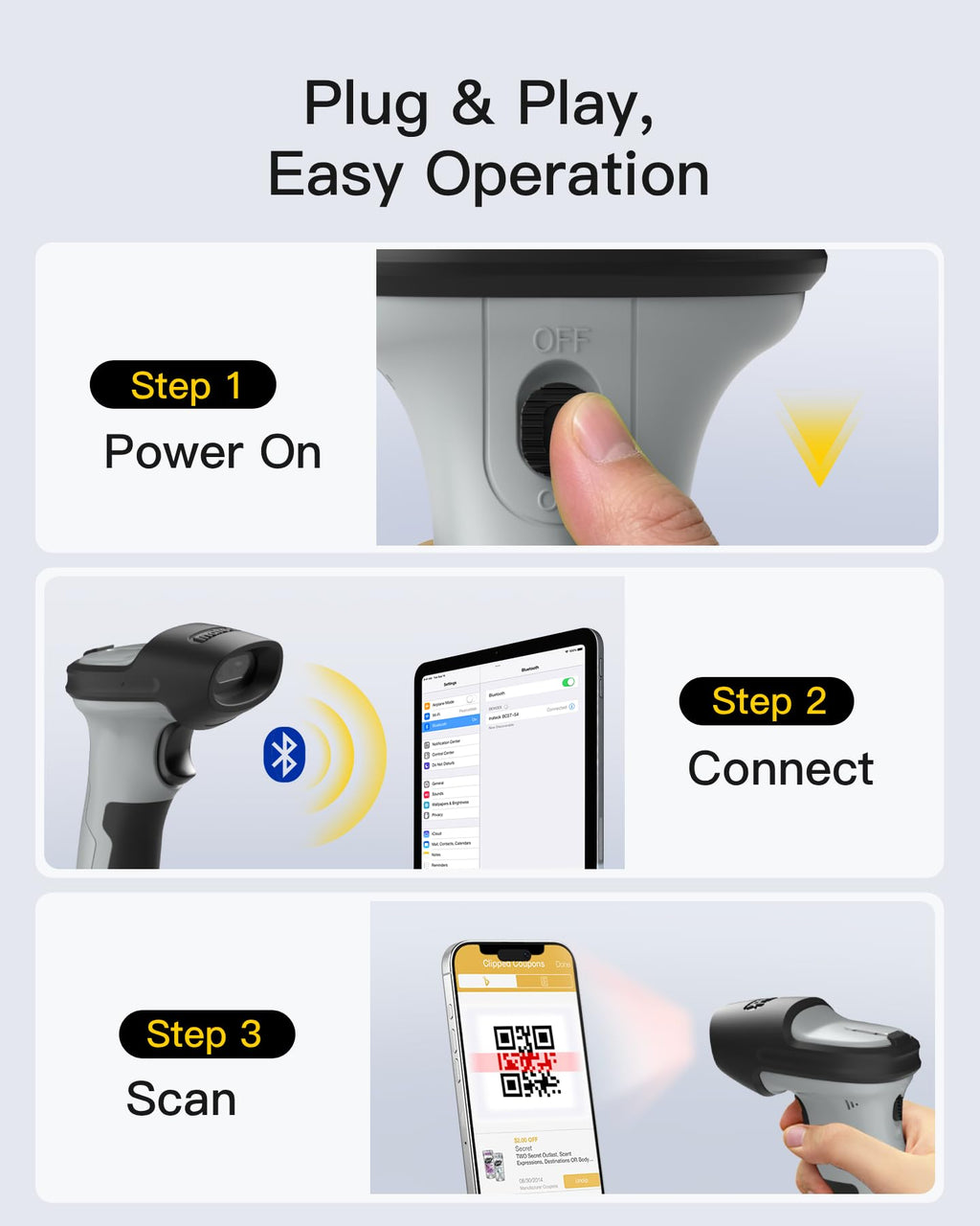 2D Barcode Scanner, Wireless Bluetooth QR Code Scanner with Cradle