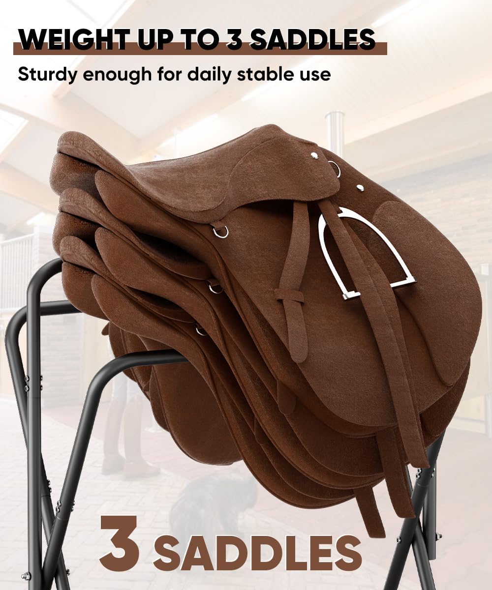 Foldable Saddle Rack with Bottom Storage for Horse Stable, Black