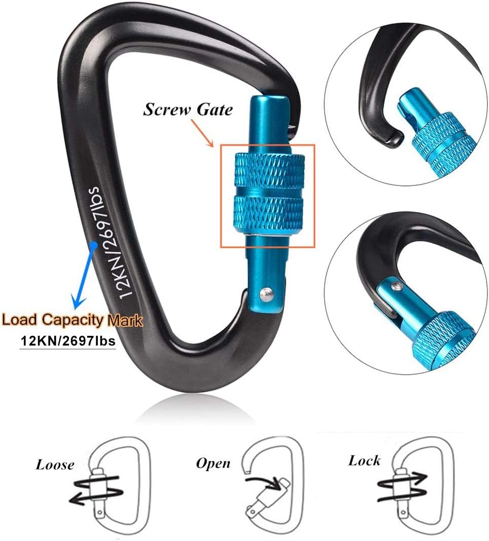 12kN (2697 lbs) Heavy Duty Locking Carabiner Clips for Outdoor, Camping, Hiking, Securing Pets, Hammock, Dog Leash