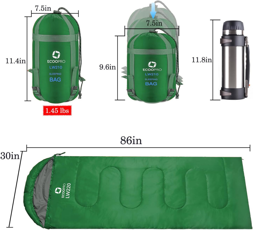 Warm Weather Sleeping Bag - Portable, Waterproof, Compact Lightweight, Comfort with Compression Sack - Great for