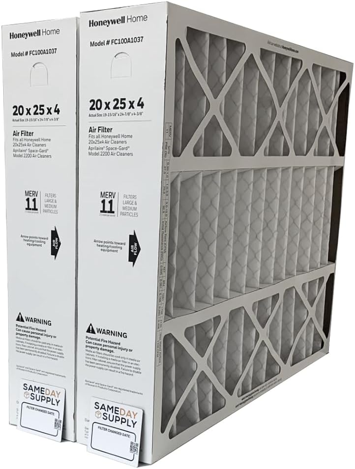 Honeywell FC100A1037-20" x 25" x 4" Pleated Air Filter, MERV 11 Bundle with Same Day Supply Filter Change Reminder