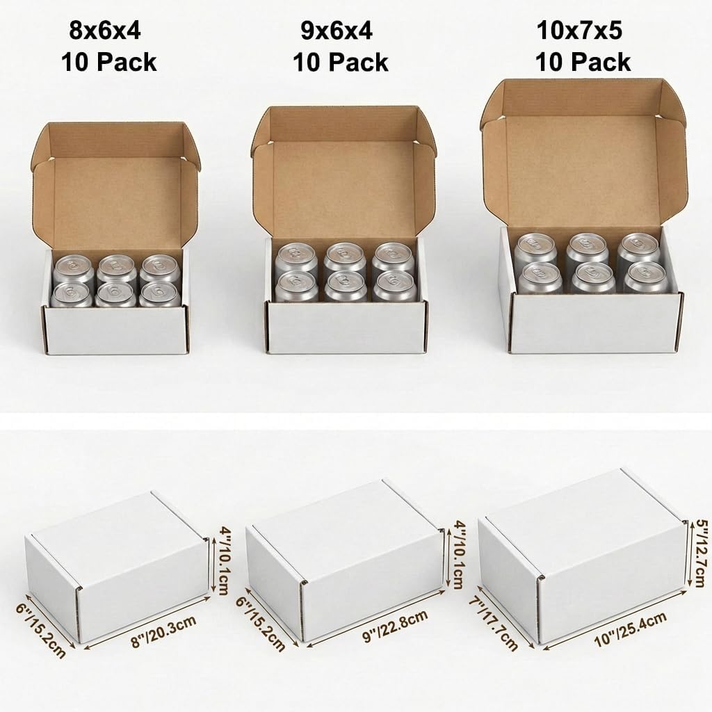30 Pack Assorted Sizes Shipping Boxes, 10X7X5 & 9X6X4 & 8X6X4 Small shipping box White, 10 PCS Each Corrugated