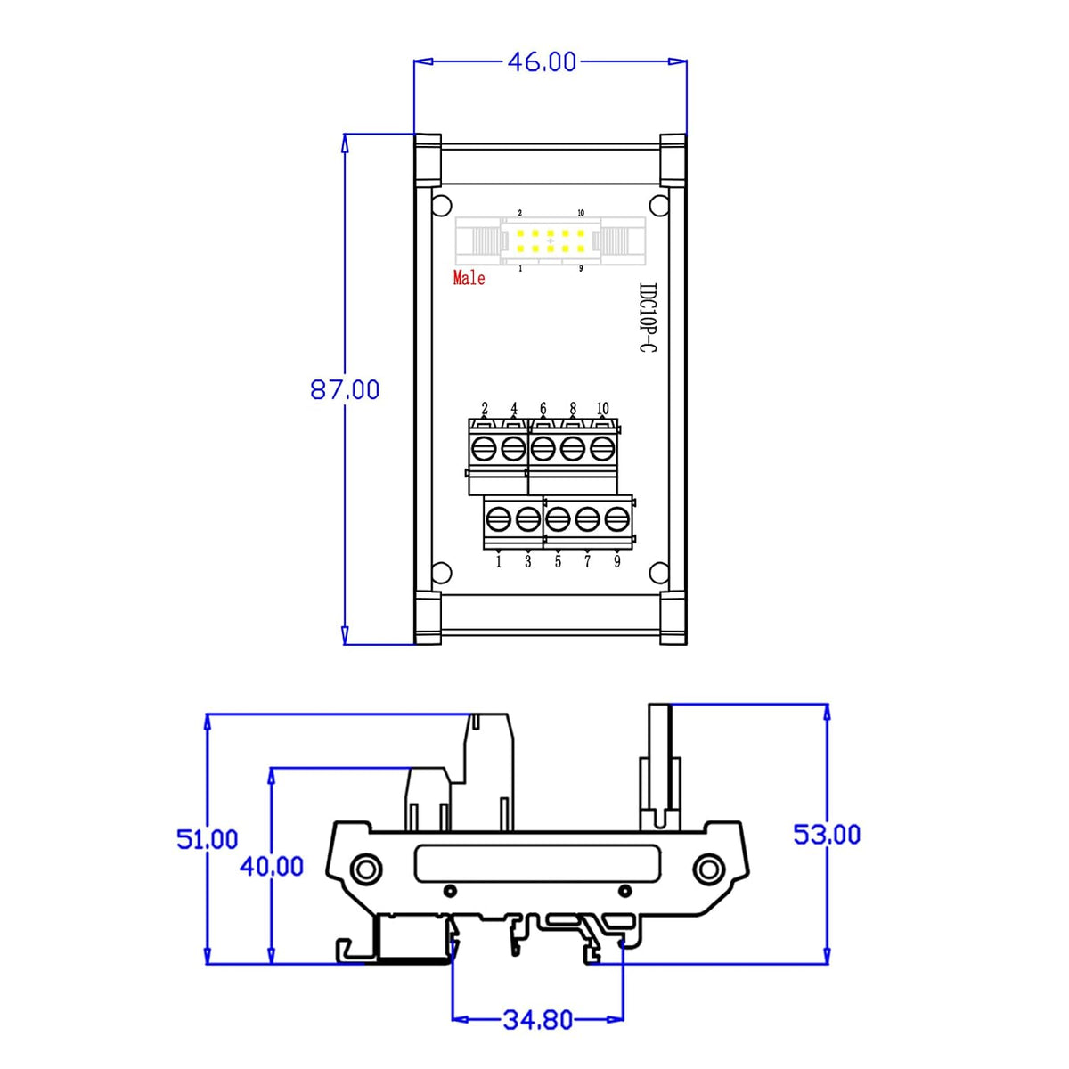 IDC10 2x5 10Pins 0.1" FRC Connector Interface Module DIN Rail Mount Male Header Terminal Block Breakout Board for PLC MCU Flat Ribbon Cable (IDC10 2x5Pin)