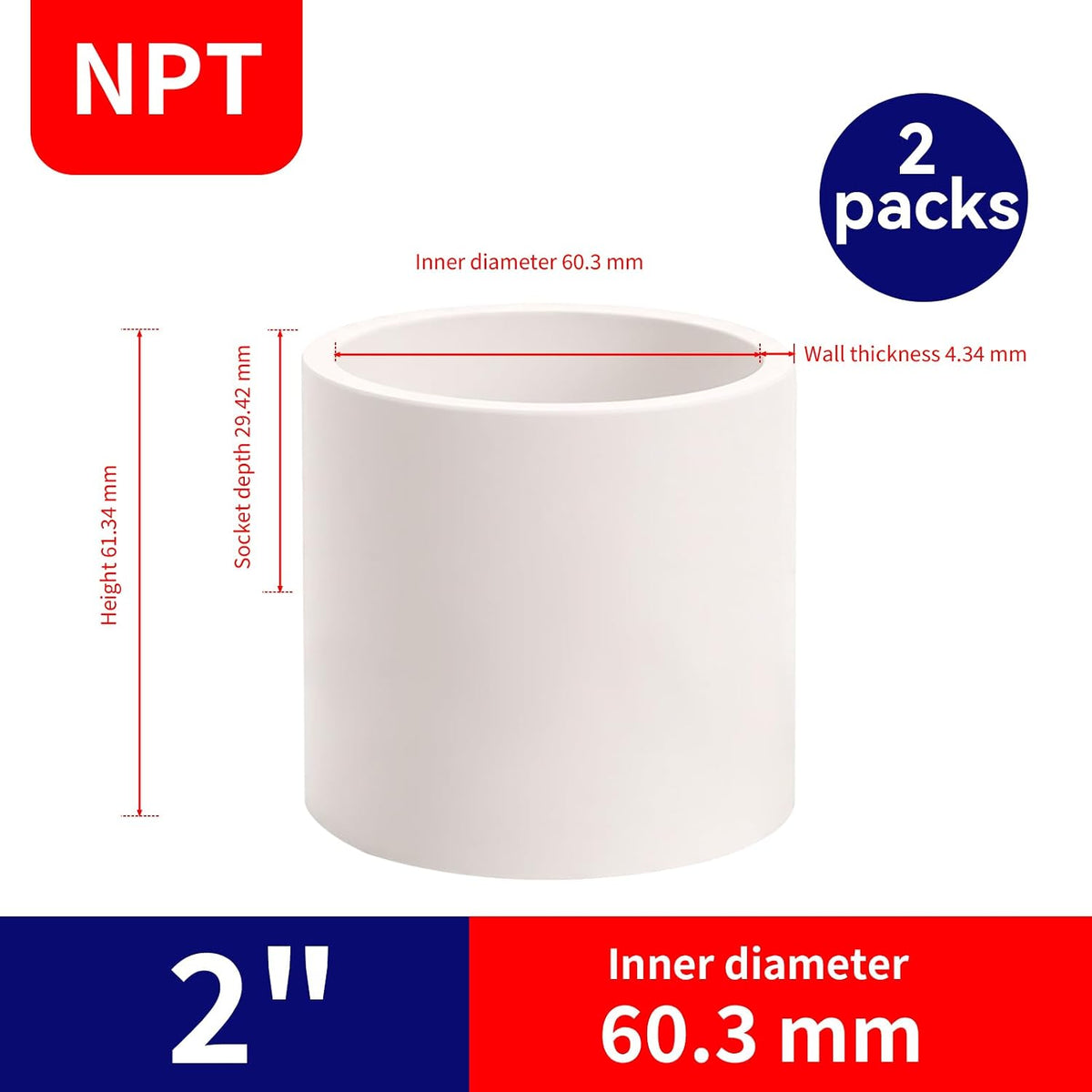 2Pack 2 Inch White PVC Pipe Coupling, Socket x Socket, Schedule 40 Heavy Duty Slip Connectors for DIY Garden Support, Sprinkler System (2 Inch)