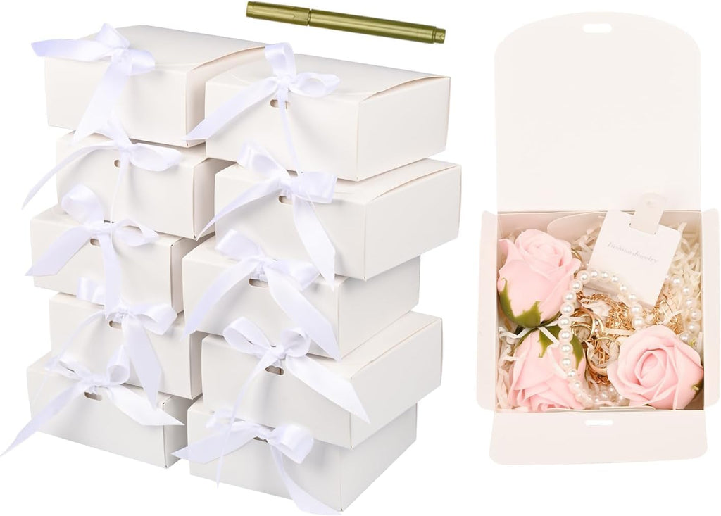Small Gift Boxes, White Square Gift Box with Metal Pen, 10 Pack