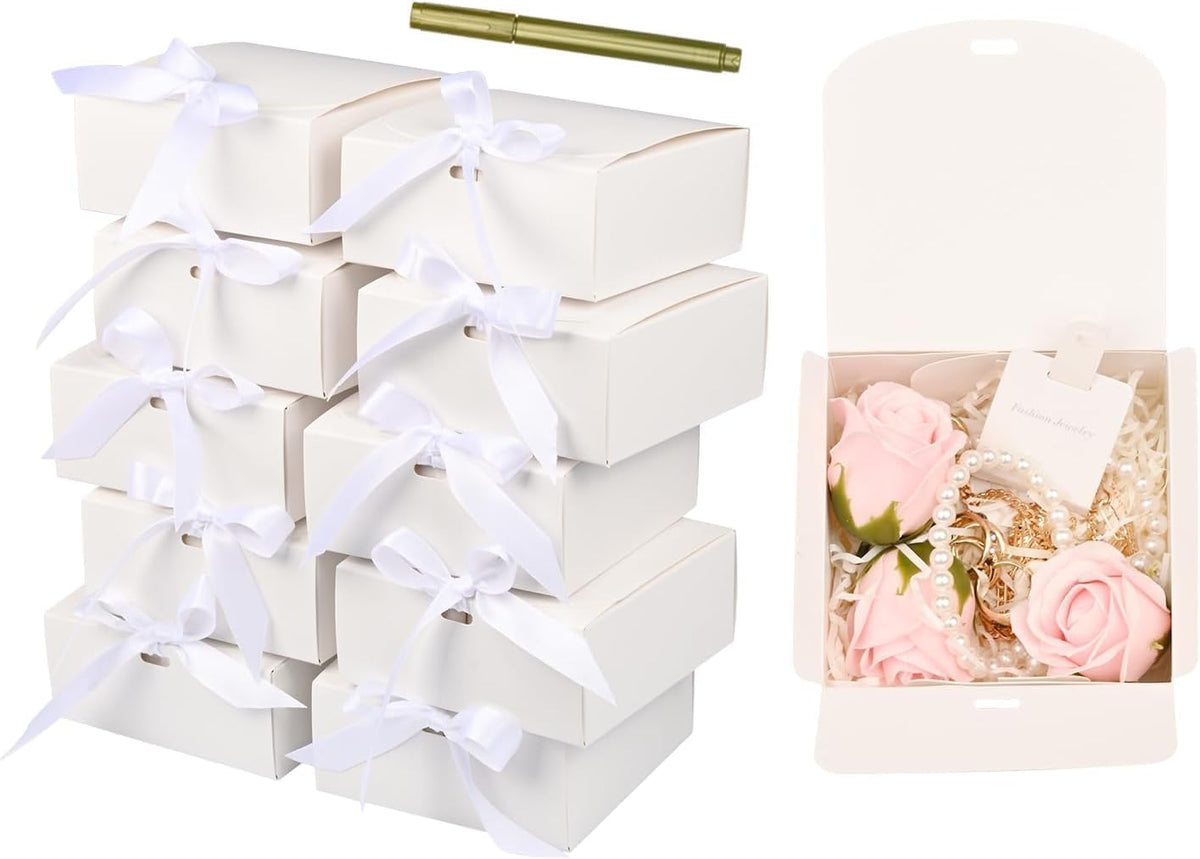 Small Gift Boxes, White Square Gift Box with Metal Pen, 10 Pack