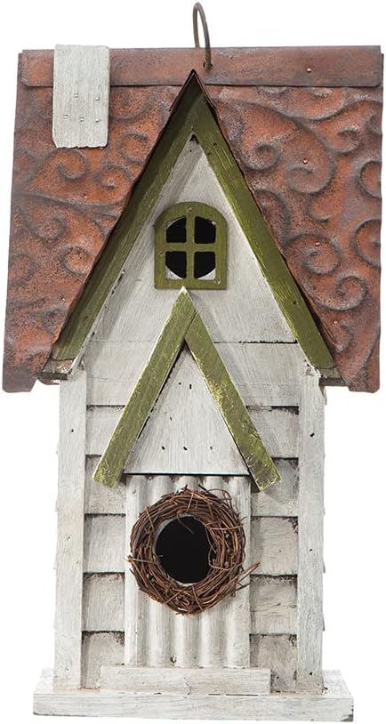 Bird Houses for Outside, 12" H Washed White Distressed Solid Wood Cottage Bird Nesting Box Hanging Bird House for