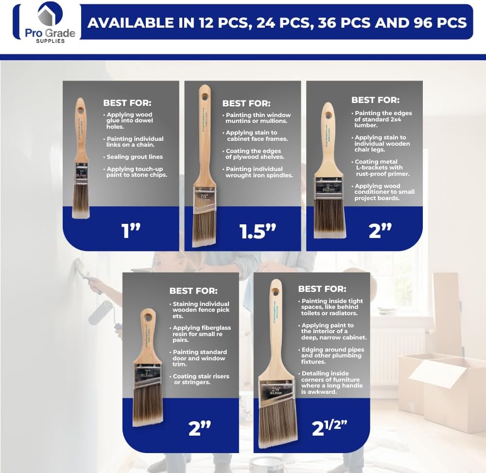 Paint Brushes, 5-Piece Paint Brush Set, Flat & Angle Brushes for Walls, Trim, Cabinets, Interior & Exterior Latex and