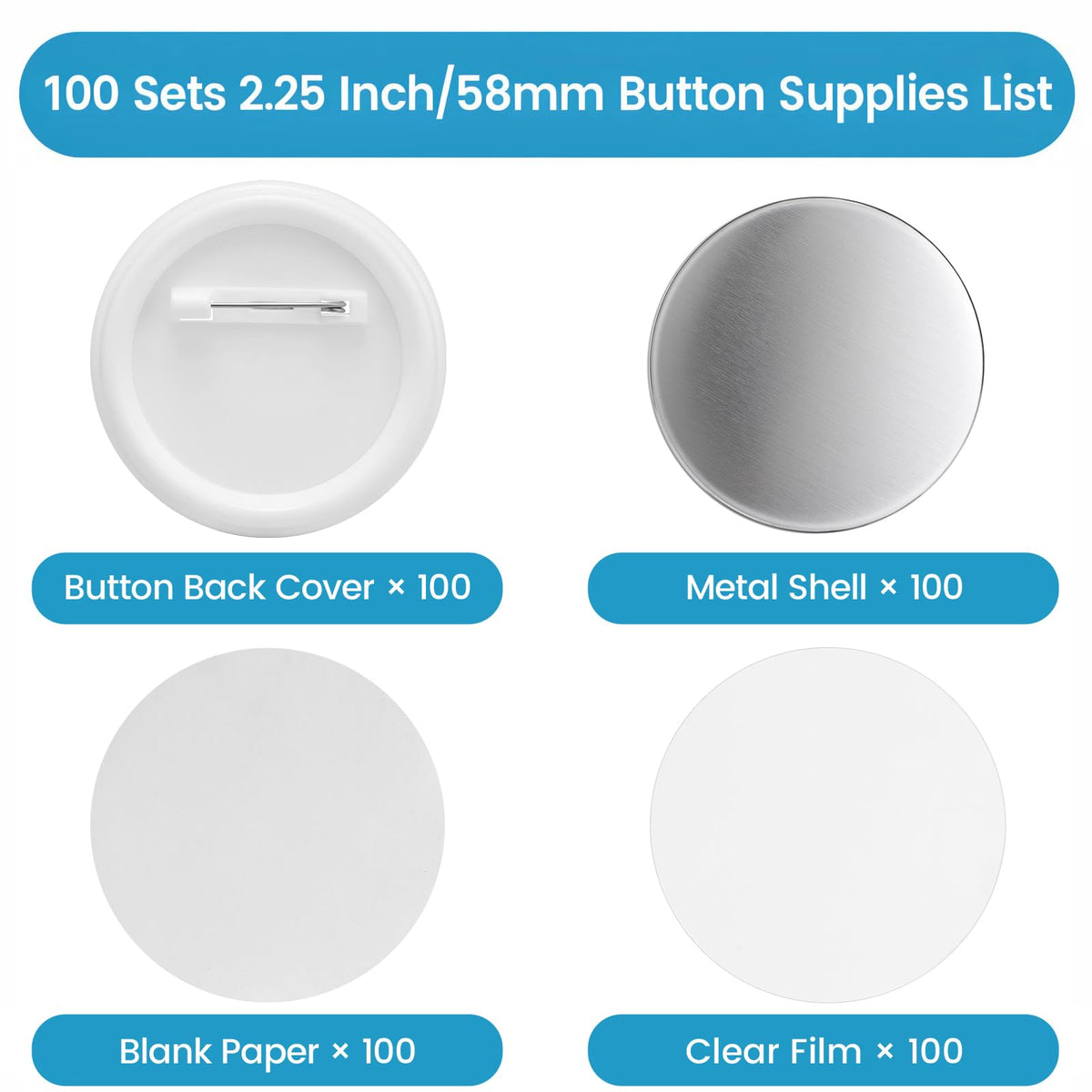 Button Maker Supplies, 100 Sets 58mm/2.25 inch Button Supplies