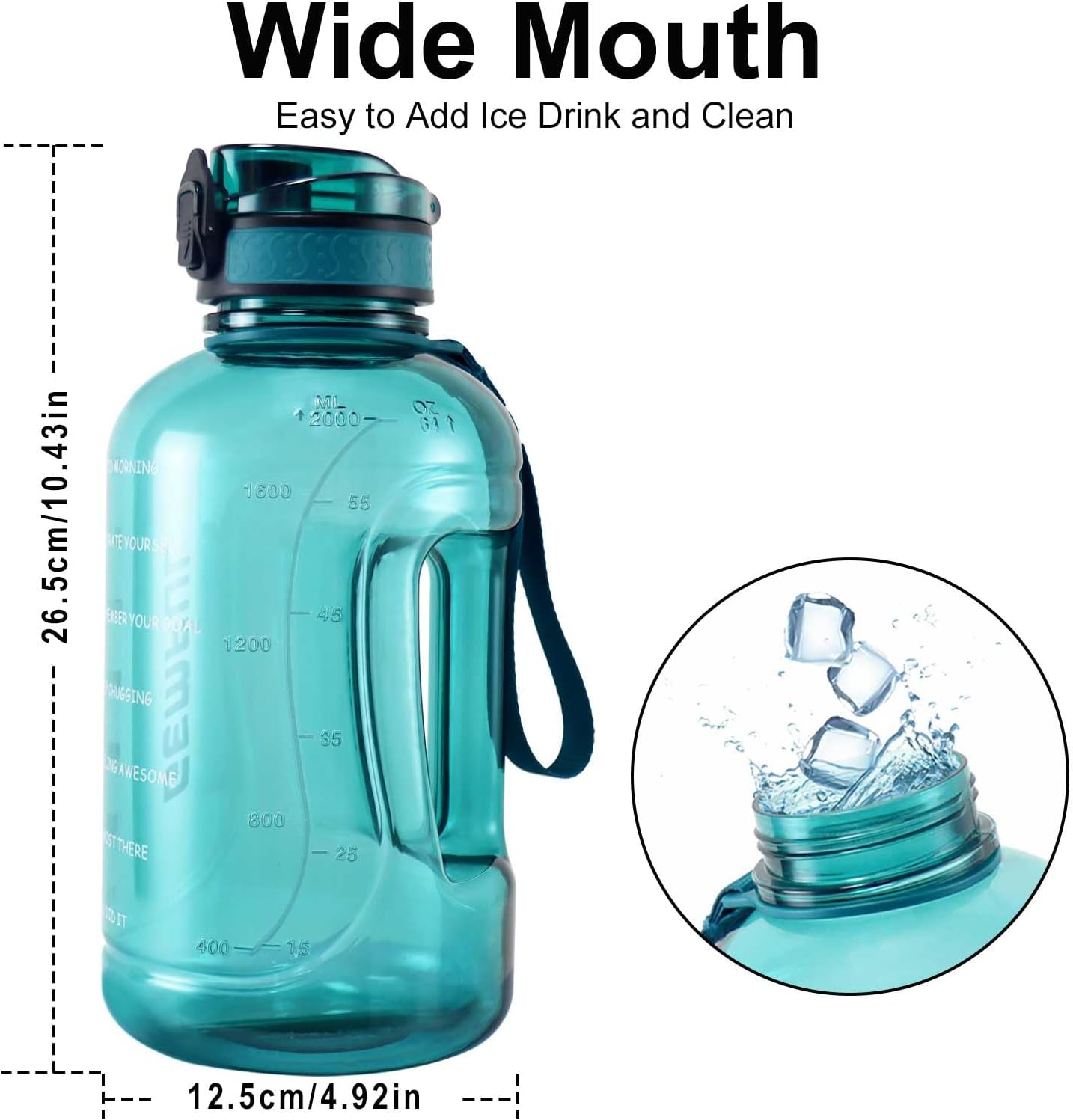 64oz Motivational Water Bottle 2 Liter Sports Jug for Gym (Cyan) | BPA-Free, 64oz Capacity, Time Marker Tracks Daily