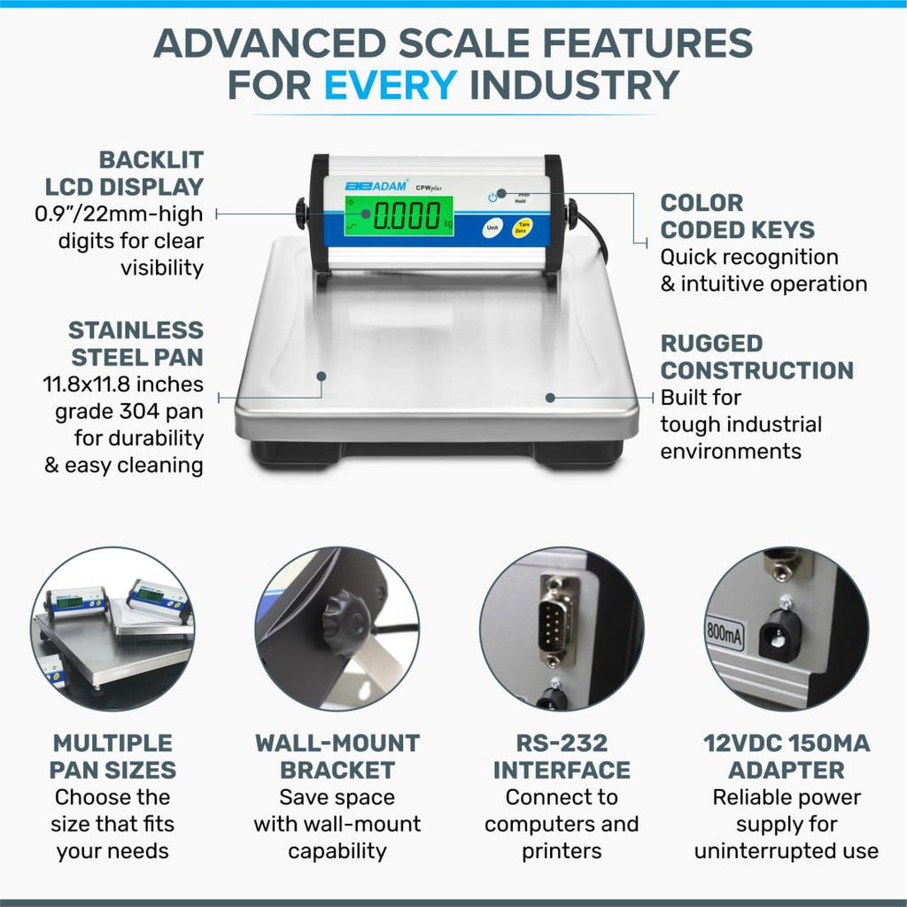 Adam Equipment CPWplus 75 Bench Scale, 165lb/75kg Capacity, 0.05lb/20g Readability