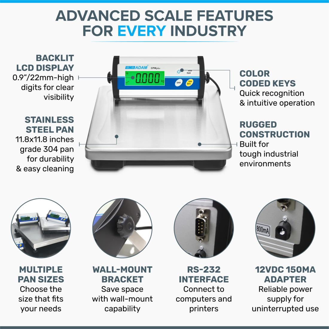 Adam Equipment CPWplus 75 Bench Scale, 165lb/75kg Capacity, 0.05lb/20g Readability