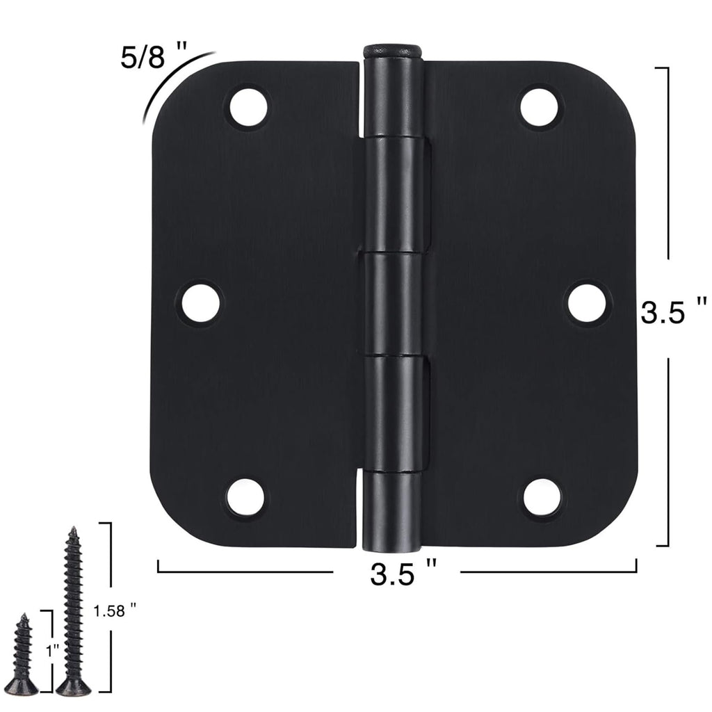 3 1/2" Matte Black Door Hinges 3.5 Inch Rounded Flat 24 Pack