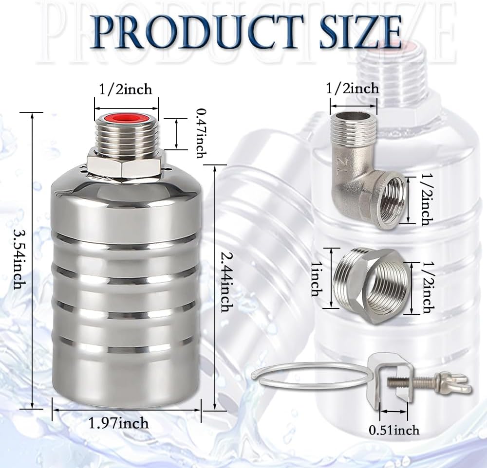Float Valve,1/2" to 1'' water level control float valve, 304 Stainless Steel Fully Automatic water shut off valve