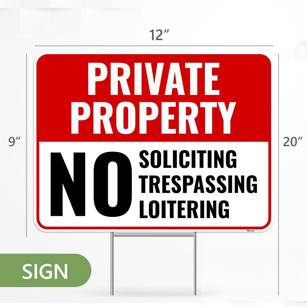 2PC Private Property No Soliciting Trespassing Loitering Signs with Metal Stakes, 12"x9" - Corrugated Plastic - No
