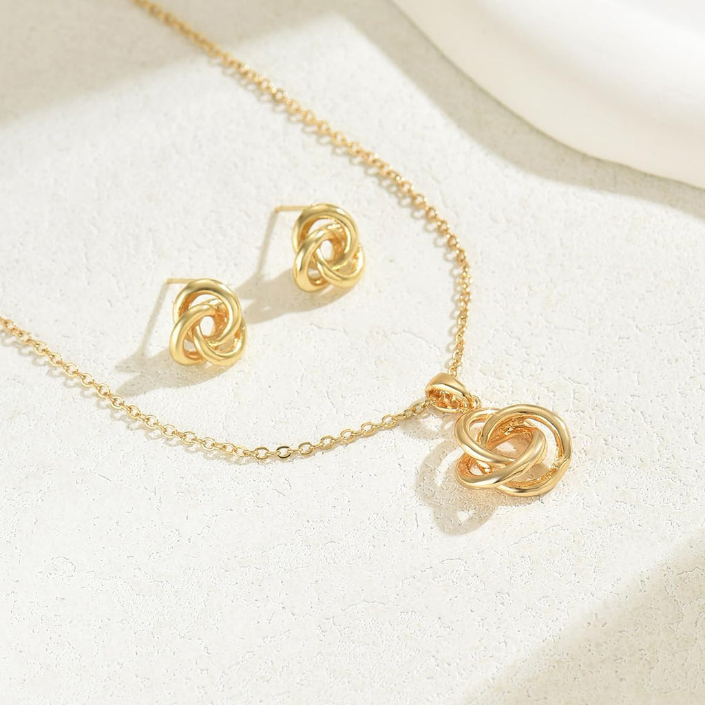 Minimalist Love Knot Stud Earrings and Necklace Jewelry Set for Women Gold-Toned Simple Circle Knot Pendant Necklaces