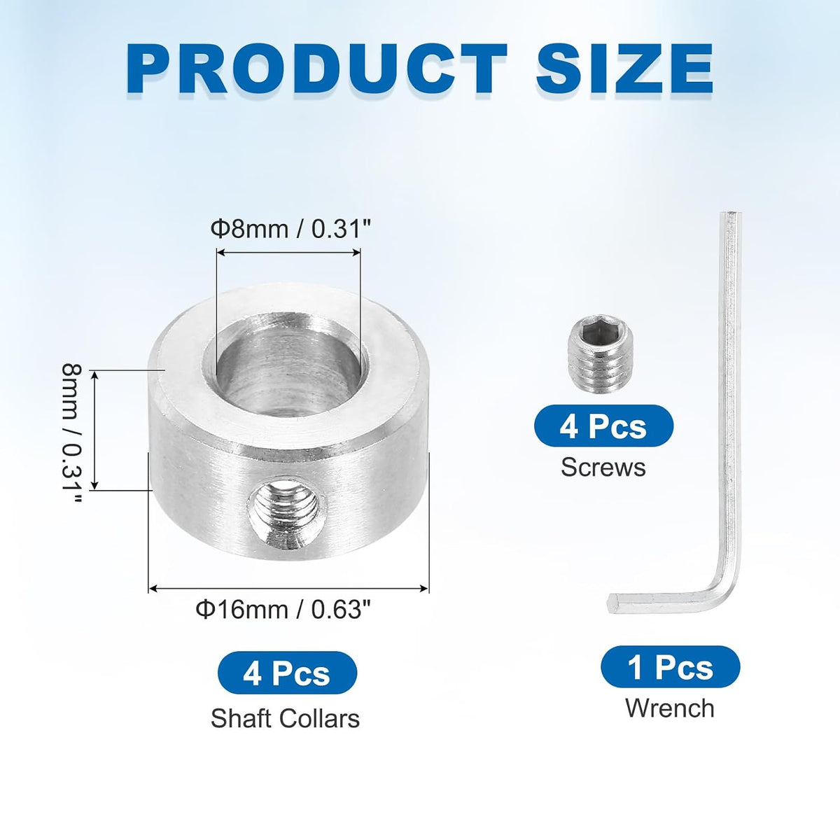 MECCANIXITY 4Pcs Shaft Collars 8mm Bore 1 Screw 16mm OD 8mm Thick