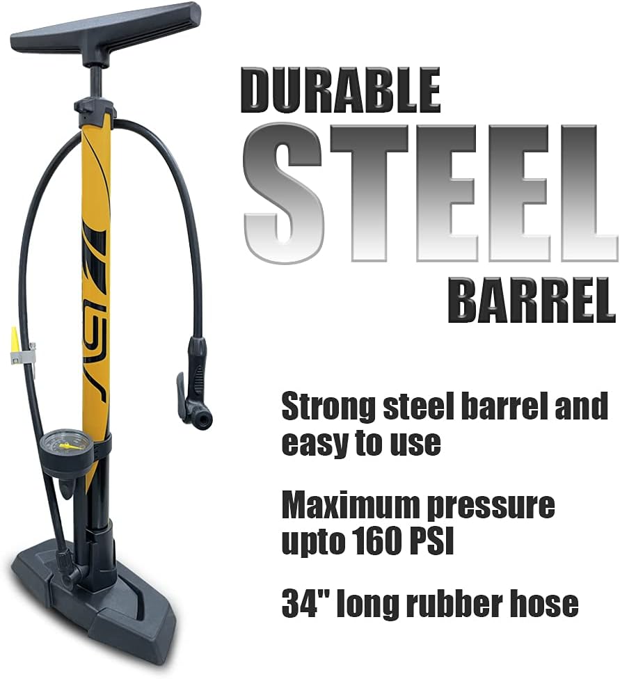 Bicycle Pump Durable Bike Floor Pump 17/24 inch Smart Valve Head, 160 psi, Automatically Reversible Presta and Schrader