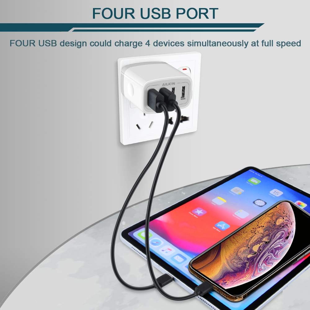 USB Charger Cube, Wall Charger Plug, AILKIN 4.8A 4-Muti Port USB Adapter Power Plug Charging Station Box Base