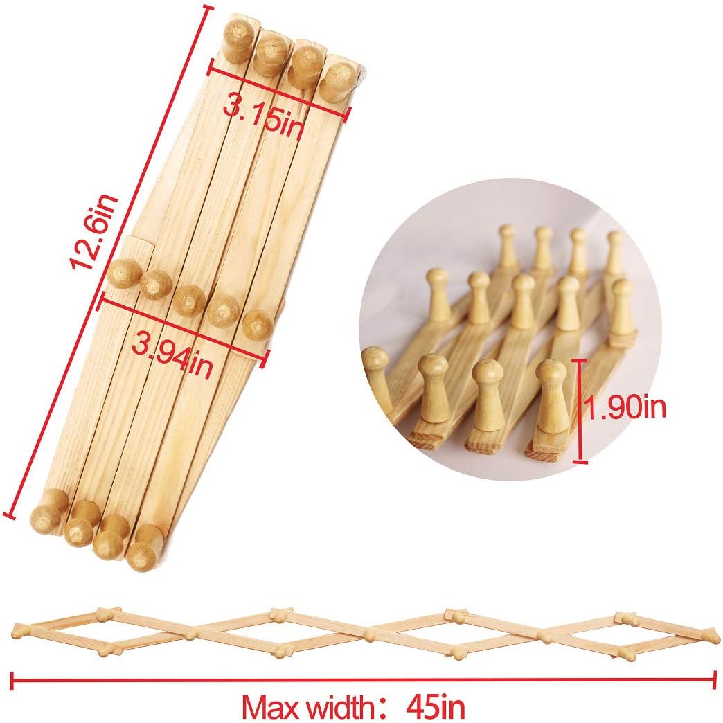 Accordion Style Expandable Wall Wooden Coat Rack 13 Hooks (Pegs) Hang Hats Jackets Coffee Mug Purses Necklaces Towels