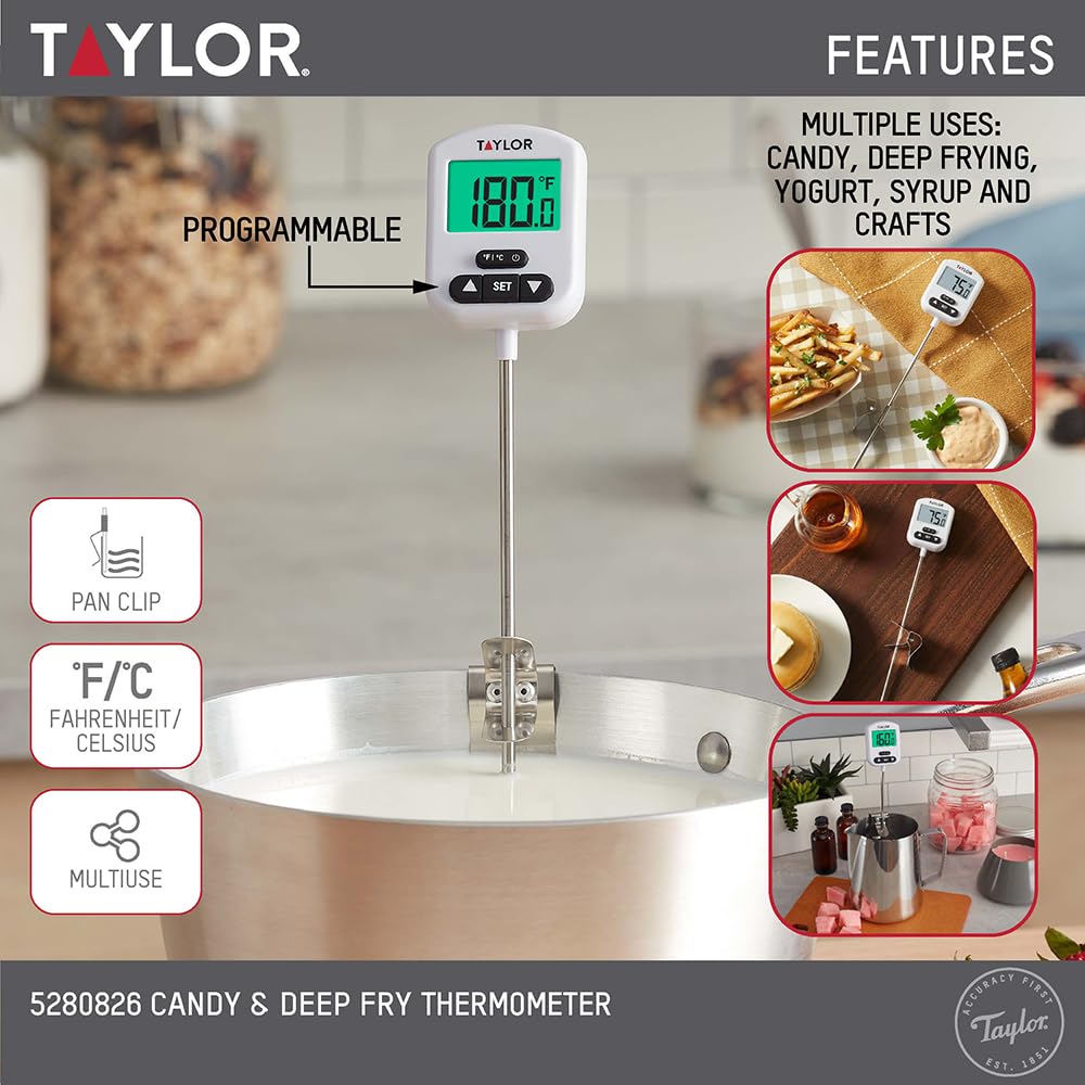 Programmable Digital Candy and Deep Fry Thermometer with Green Light Alert Display, Long Stem, and Adjustable Pan