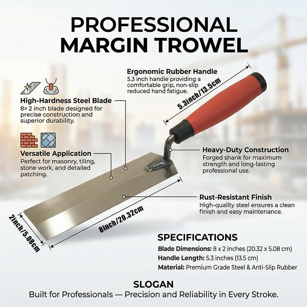 Masonry Steel Margin Trowel, Carbon Steel, 8 x 2 Inches | High-Hardness Blade, Ergonomic Rubber Handle