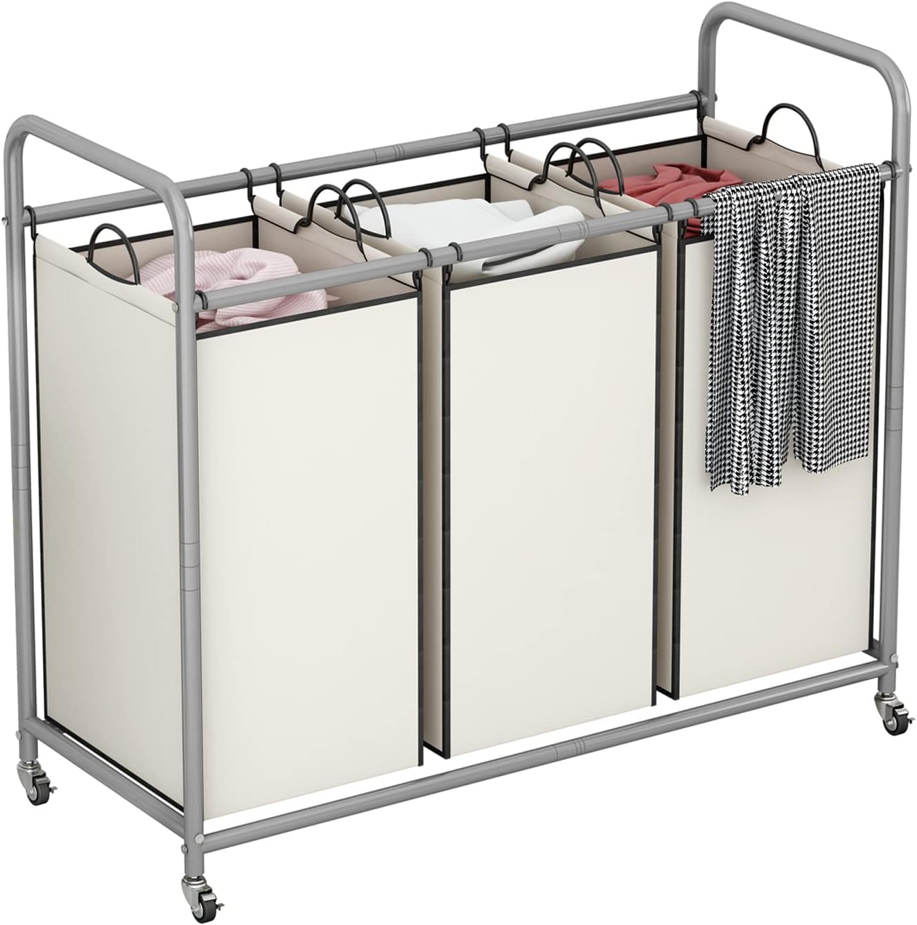 3 Section Laundry Hamper, Beige Laundry Basket 135L Laundry Sorter | Laundry Room Organization with Heavy Duty